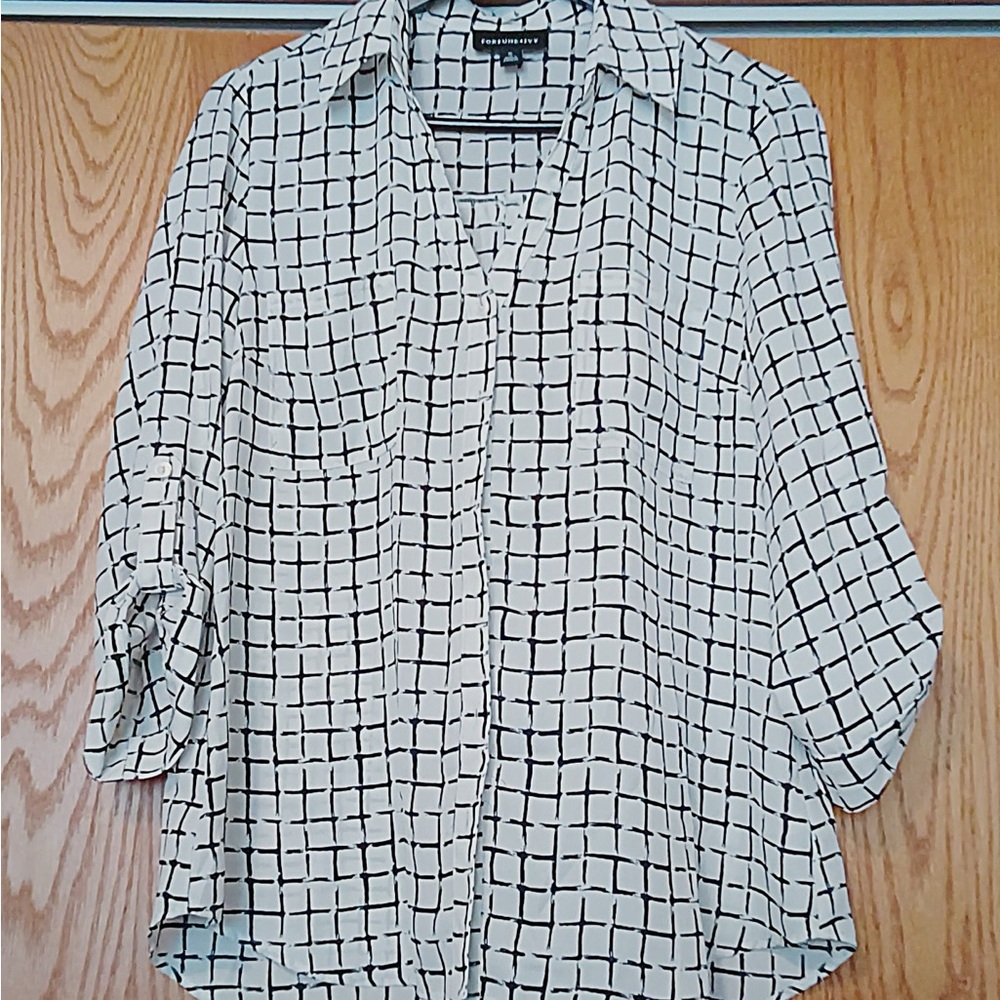 White and Black Boxy Button Down Shirt with Notched Collar